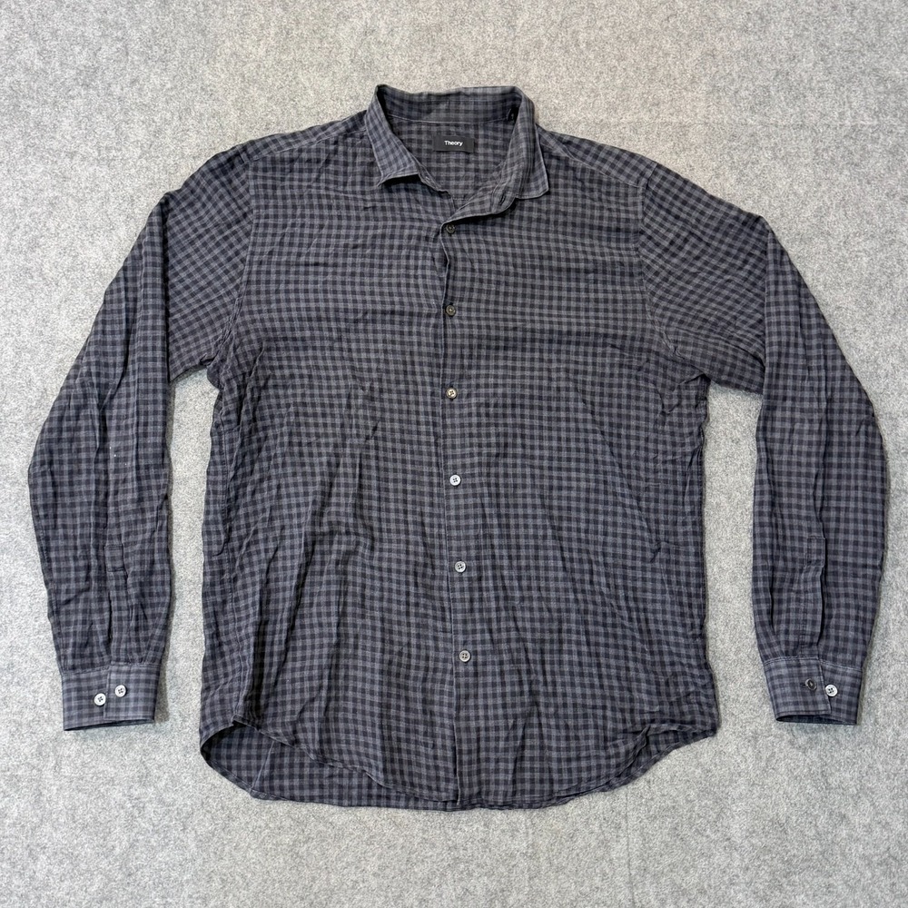 Theory Gray Gingham Plaid Long Sleeve Button Down Shirt Men's Size Large - Picture 1 of 7